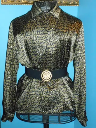 Usa 10 Silk Satin Blouse Art Nouveau Silver Bronze Long Sleeve Black