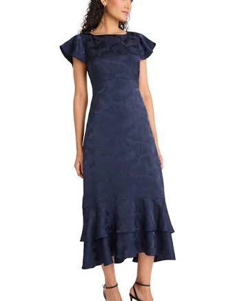 Maggy London Women's Bethanny Ruffle Jacquard Fit and Flare Midi Dress