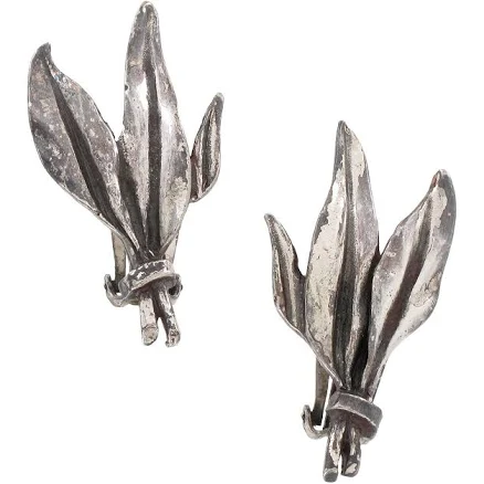 Zentall Antiqued Silver Tone Leaf Leaves Clip On Earrings Vintage 1