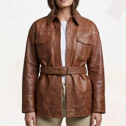 Lambskin Leather Belted Waist Shirt Jacket