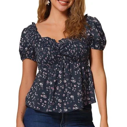 Allegra K Puff Short Sleeve Floral Shirred Ruffle Peplum Blouse