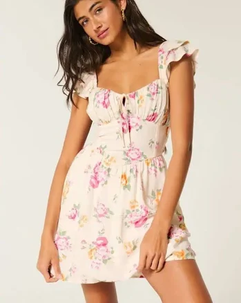 Hollister Flutter Sleeve Cream Floral Romper Dress Feminine