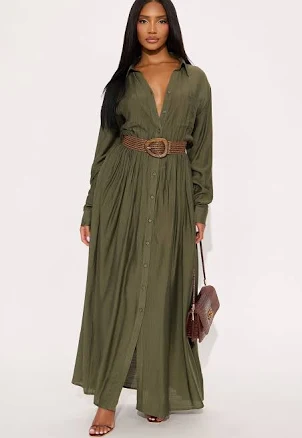 Fashion Nova Alaya Belted Linen Maxi Shirt Dress