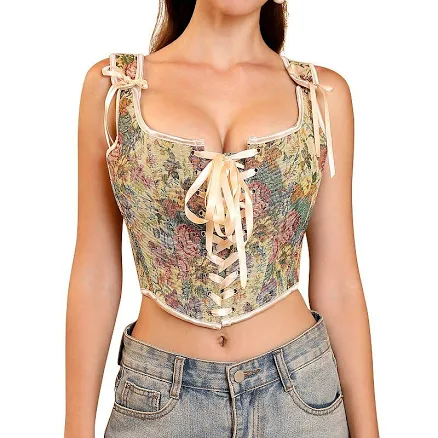 Vintage Floral Lace-Up Fishbone Print Corset Vest