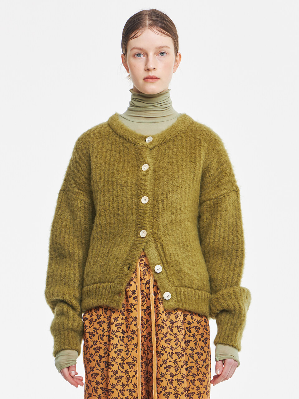 Brushed 2-way knit Cardigan_Moss Green