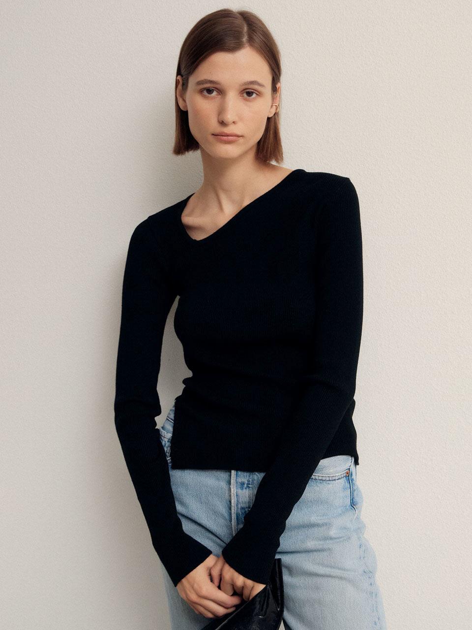 Unbalanced Neck Ribbed Knit Top_Black