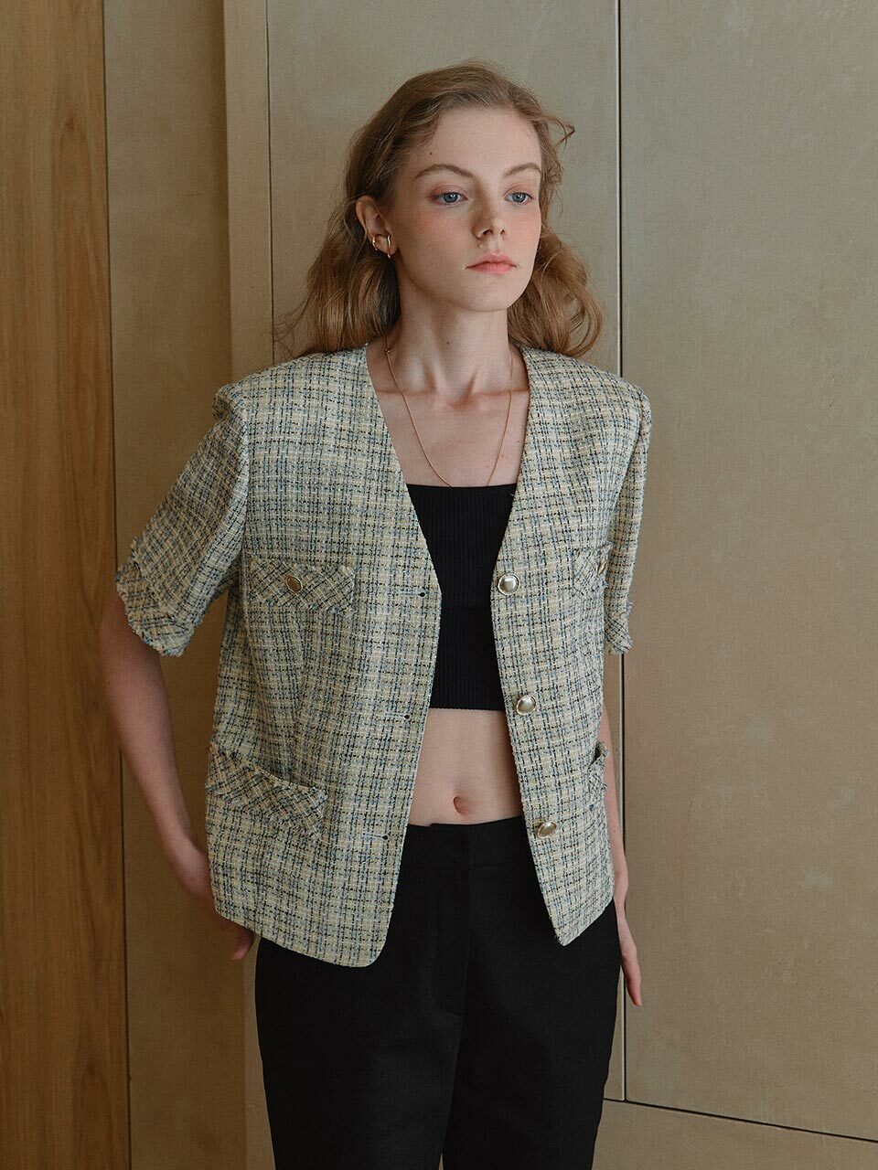 Half Sleeve Tweed Crop Jacket