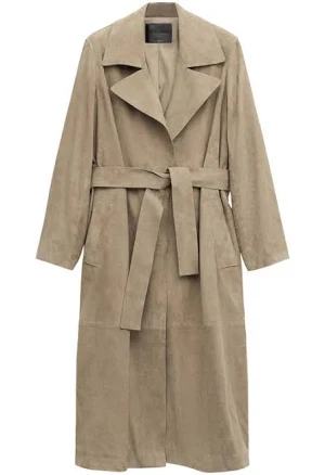 MANGO Women's Leather Suede Belted Trench Coat