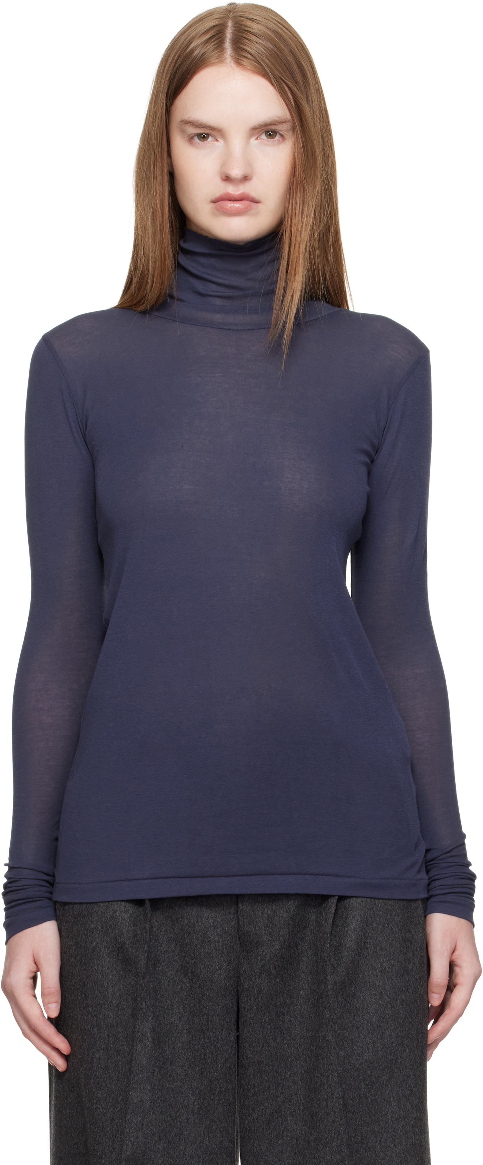 Navy Super High Gauge Sheer Rib Turtleneck