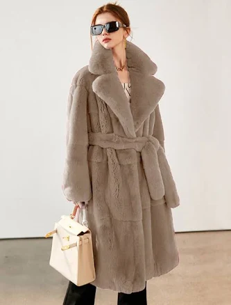 Women's Faux Fur Notched Lapel Belted Long Coat