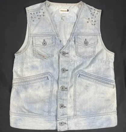 Vtg Diesel Women Light Blue Washed Studded Crop Denim Vest Size S