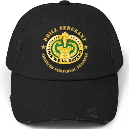 Unisex Distressed Cap - Army - Drill Sgt Badge - Advanced Individual Training
