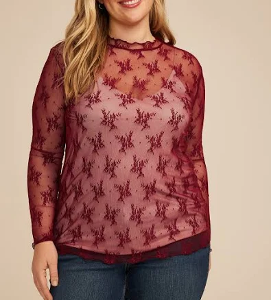 maurices Women's Embroidered Floral Sheer Lace Mock Neck Blouse
