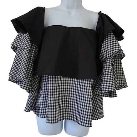 Caroline Constas Off Shoulder Bustier Top Gingham Check Crop Ruffle No