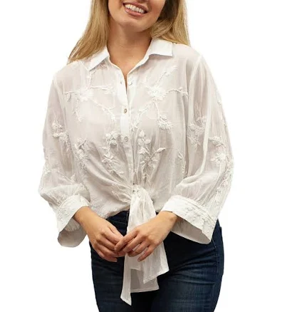 Karyn Seo Alanis Floral Embroidered Collared Tie Front Blouse