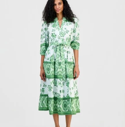 Tahari Women's Split-Neck Tiered Midi Dress