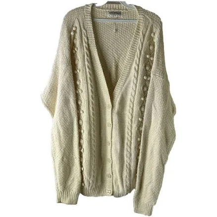 Vintage Chunky Cable Knit Cardigan Sweater with Pom Pom