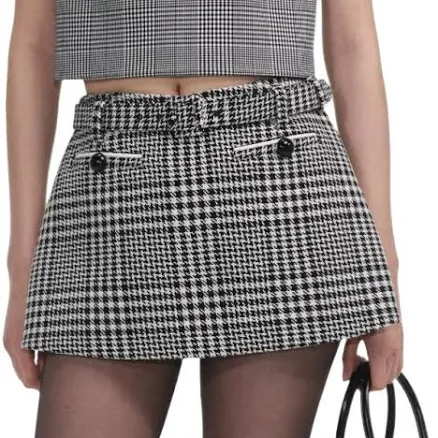 Self-portrait Houndstooth Belted Mini Women Skort - Gray