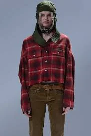 r13 CROPPED WORK SHIRT red / black / cream plaid Best Sale | Clothing