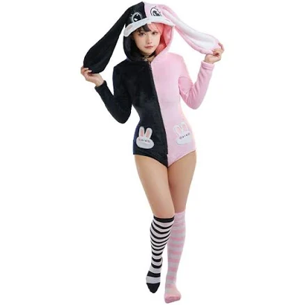 Women Sexy Black Pink Contrast Color Hooded Onesie Bodysuit