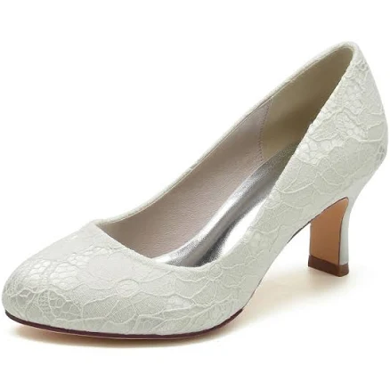 Women's Lace Round Toe Chunky Heel Pumps