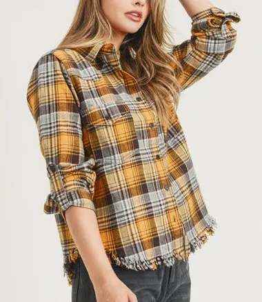 Plaid Frayed Hem Button Shirt