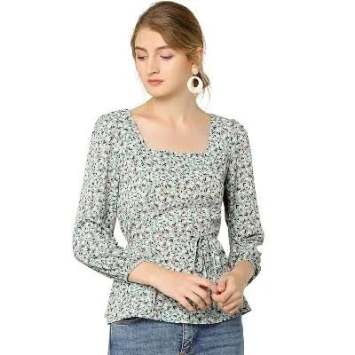 Allegra K Women's Floral Print Belted Waist Square Neck Vintage Peplum Blouse