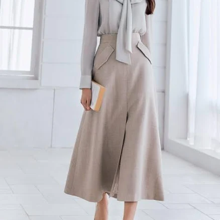 "HANAVO Wool High-Waist Midi Skirt" by W Concept