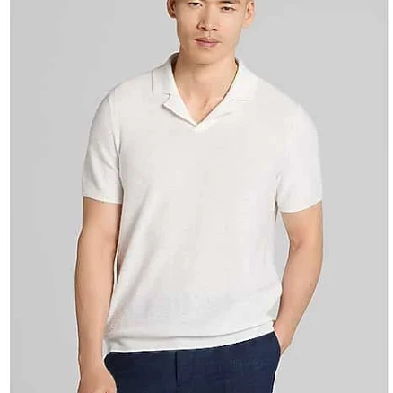 Joseph Abboud Linen Blend Camp Collar Polo Sweater in Bright White/Tan – Short Sleeve Knit Shirt for Men, Size XL
