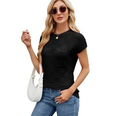 Women's Checkered Knit Round Neck Short Sleeve Top