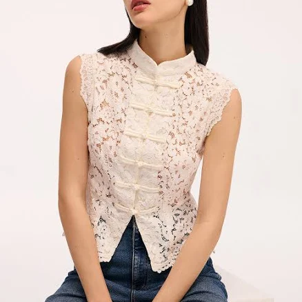 Sleeveless Lace Mandarin Collar Top with Pearl Button