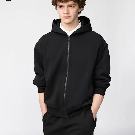 UNIQLO Men's Sweat Oversized Full-Zip Hoodie, Black, Large