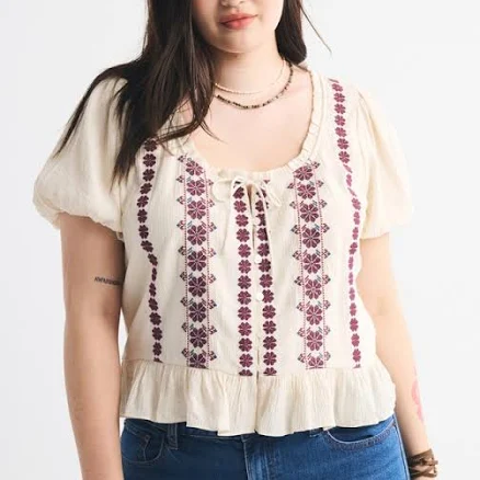 Abercrombie & Fitch Women's Embroidered Peplum Puff Sleeve Top