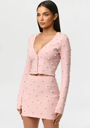 Naked Wardrobe Women's Knit Pearl Crop Cardigan