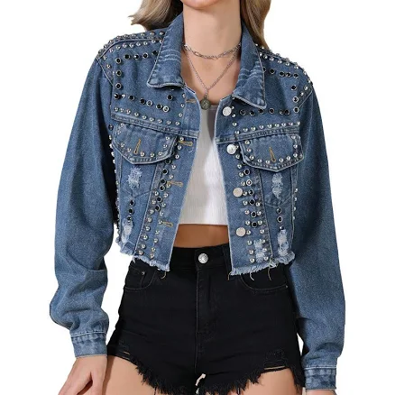 Denim Jacket for Women's Concert Party Cropped Rivet Studded Jean Jacket, Size: Medium, Blue