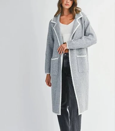 Knit Lapel Open Cardigan with Contrast Trim