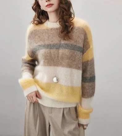 Women's Mohair Striped Round Neck Sweater