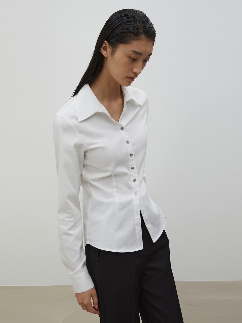 V-neck Slim Collar Shirt_WHITE