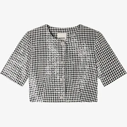 Sandro Womens Black / White Houndstooth Cropped Woven Jacket 8