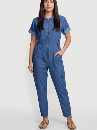 Women's Tab Sleeve Zip Front Cargo Jumpsuit