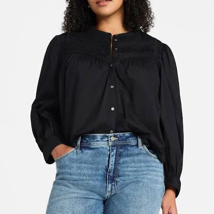 Time and Tru Women's Textured Yoke Cotton Blouse with Long Puff Sleeves