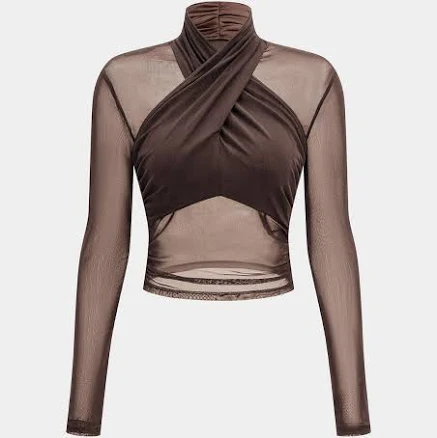 Micas Women's Mesh Sheer Mock Neck Ruched Long-Sleeve Top