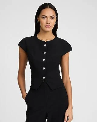 Express Women's Studio Stretch Twill Novelty Button Short Sleeve Top