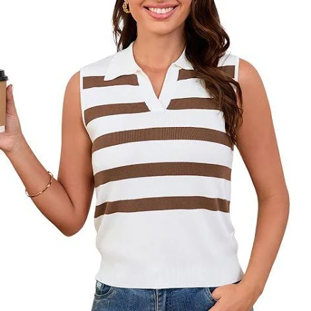 Women's Color Block Sleeveless V-Neck Striped Sweater Vest, Size: Medium, Brown And White