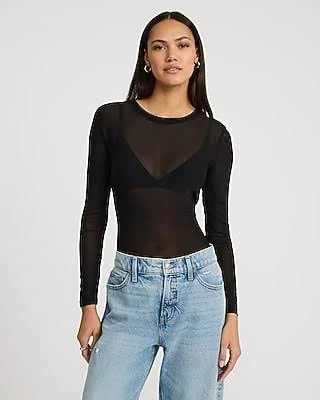 Express Women's Fitted Mesh Crew Neck Long Sleeve T-Shirt