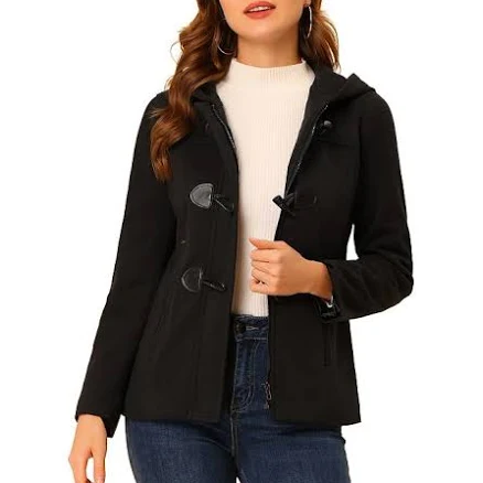 Women's Toggle Duffle Coat Zipper Front Solid Cropped Hooded Coat, Size: Medium, Black