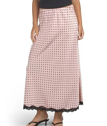 Lace Trim Satin Midi Skirt for Women | Rose Quartz | Size: S | Polyester