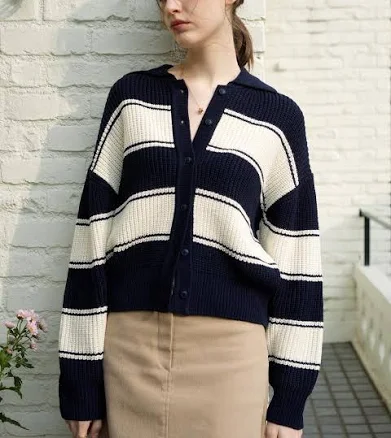 VLETI Wool Stripe Collar Knit Cardigan