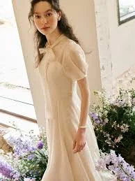 LILLE See-through Puff shoulder ribbon tie dress (Oatmeal/Black)