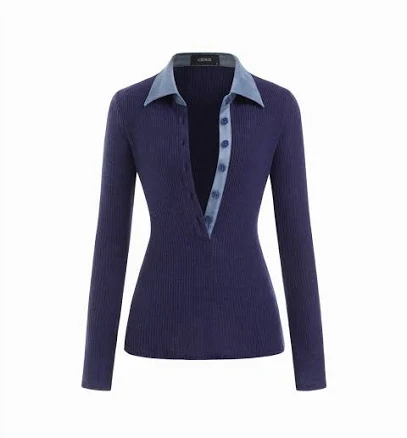 Knit Fabric Two Tone Collar Long Sleeve Button Top